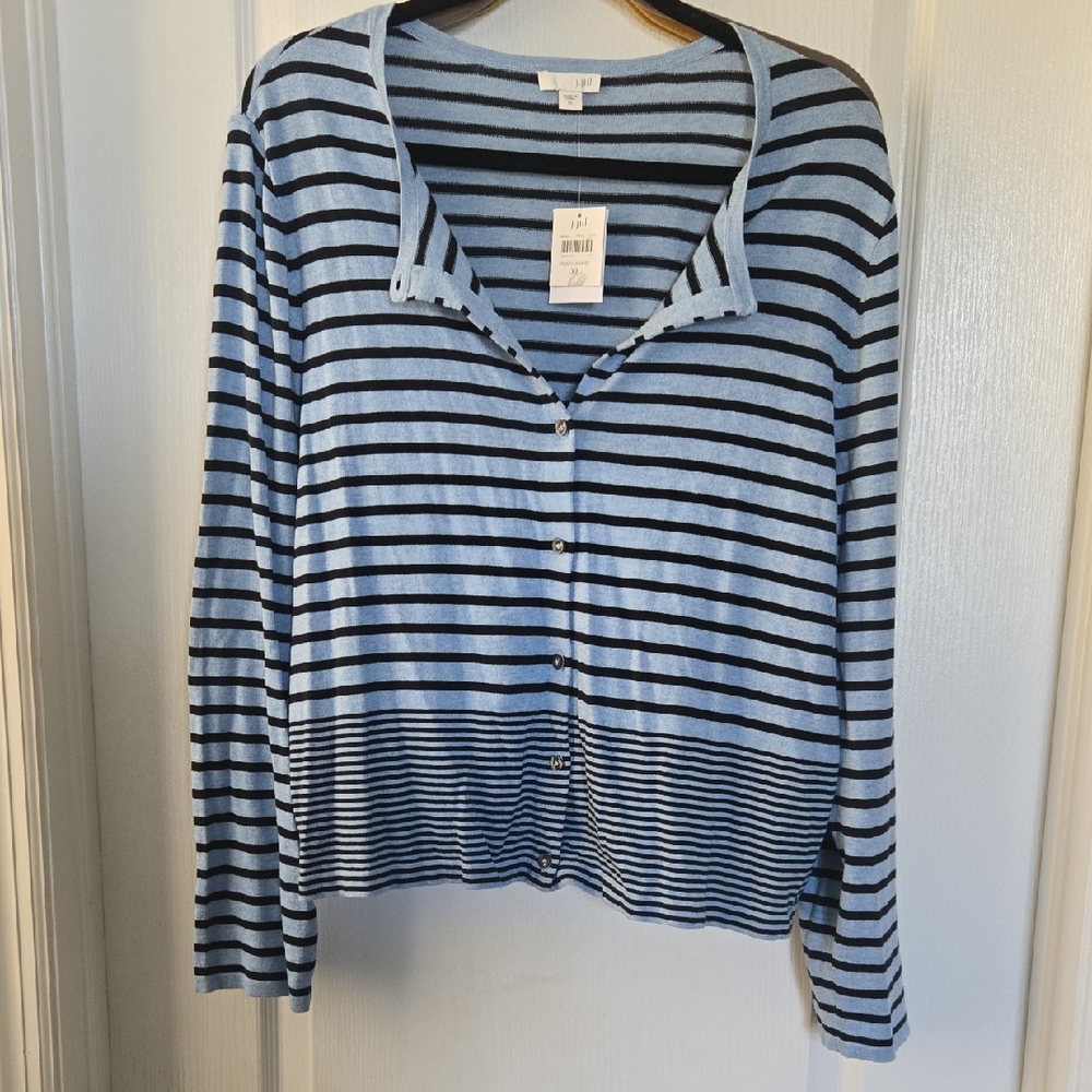 J Jill Blue Striped Button Down Light Cardigan Sweater Misses XL 70% Cotton NWT